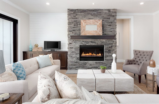 Modern gas fireplace in living room of Salt Lake City home.