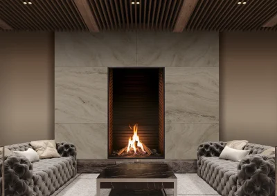 Croft Fireplace tall vertical gas fireplace with marble surround and tufted chairs in a luxury space