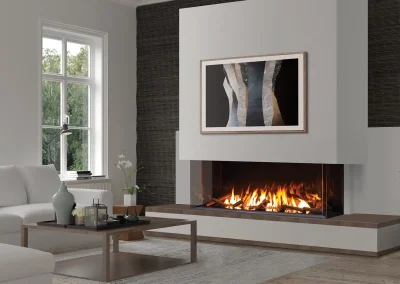 Croft Fireplace wide linear gas fireplace in a minimalist white feature wall for a modern living room