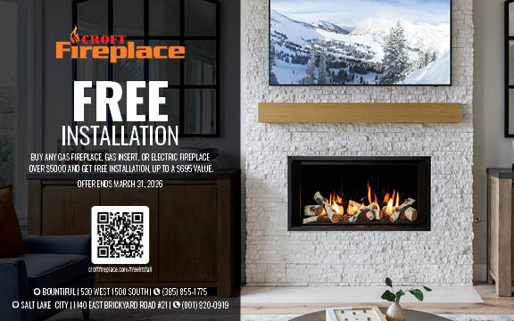 Croft Fireplace free installation promotion for gas and electric fireplaces with modern living room fireplace display