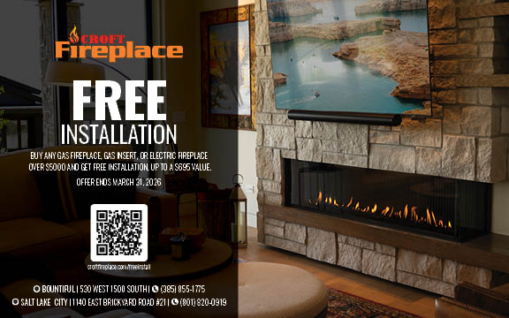 Croft Fireplace free installation promotion for gas and electric fireplaces with modern living room fireplace display